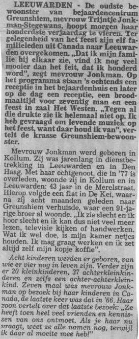 Newspaper column about Opoe Jonkman's 100th birthday